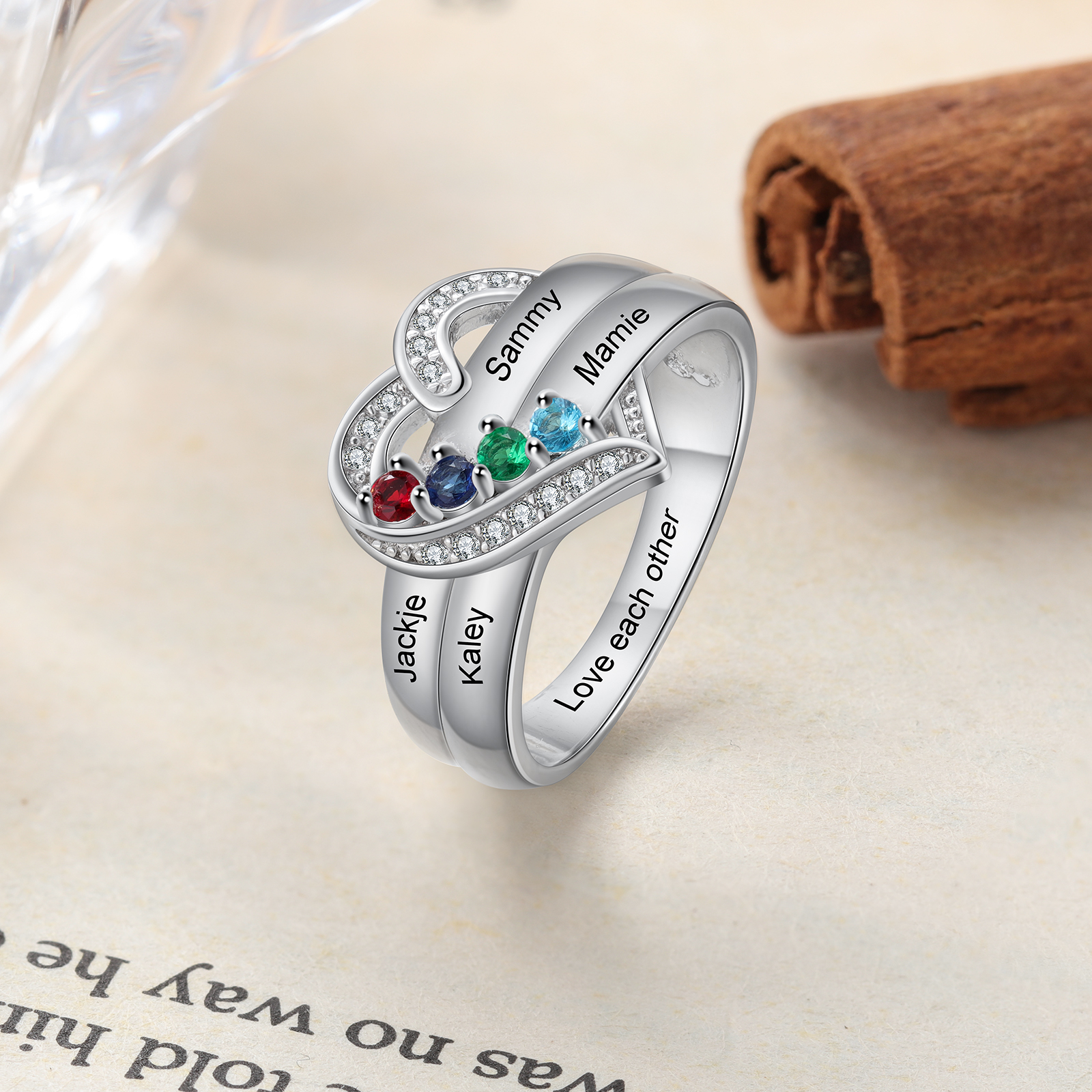 S925 Silver Personalised Mother Ring with 4 Birthstones Heart Family Ring-Jessemade AU
