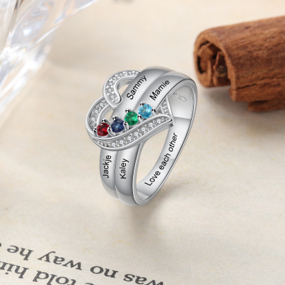 S925 Silver Personalised Mother Ring with 4 Birthstones Heart Family Ring-Jessemade AU