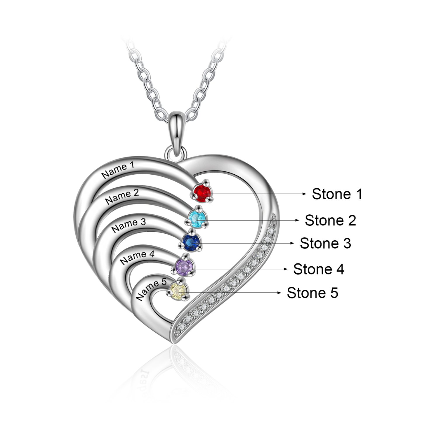 Personalised Mother Necklace 5 Stones Engraved 5 Names Birthstone Intertwined Heart Pendant Gifts for Her-Jessemade AU