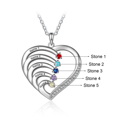 Personalised Mother Necklace 5 Stones Engraved 5 Names Birthstone Intertwined Heart Pendant Gifts for Her-Jessemade AU