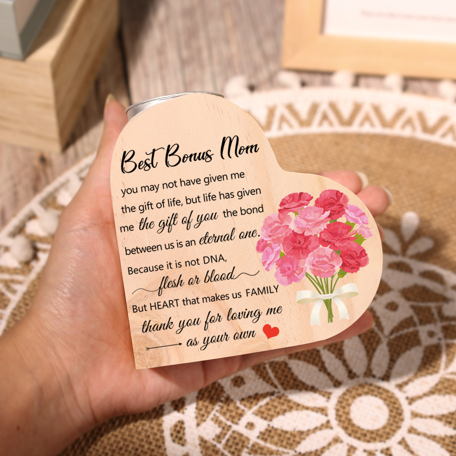 To My Mom Heart Candle Holder Wooden Candlestick Mothers Gifts-Thank you for loving me as your own-Jessemade AU