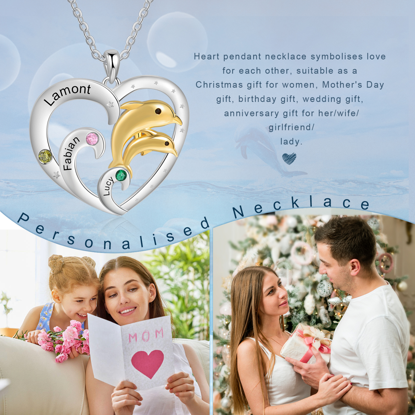 Personalised Heart Dolphin Pendant Necklace Custom 3 Birthstones Engraved 3 Names Necklace Gift for Her-Jessemade AU