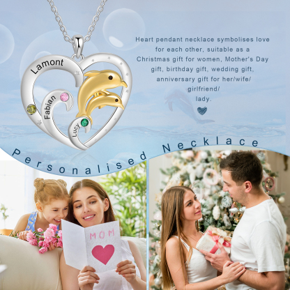 Personalised Heart Dolphin Pendant Necklace Custom 3 Birthstones Engraved 3 Names Necklace Gift for Her-Jessemade AU