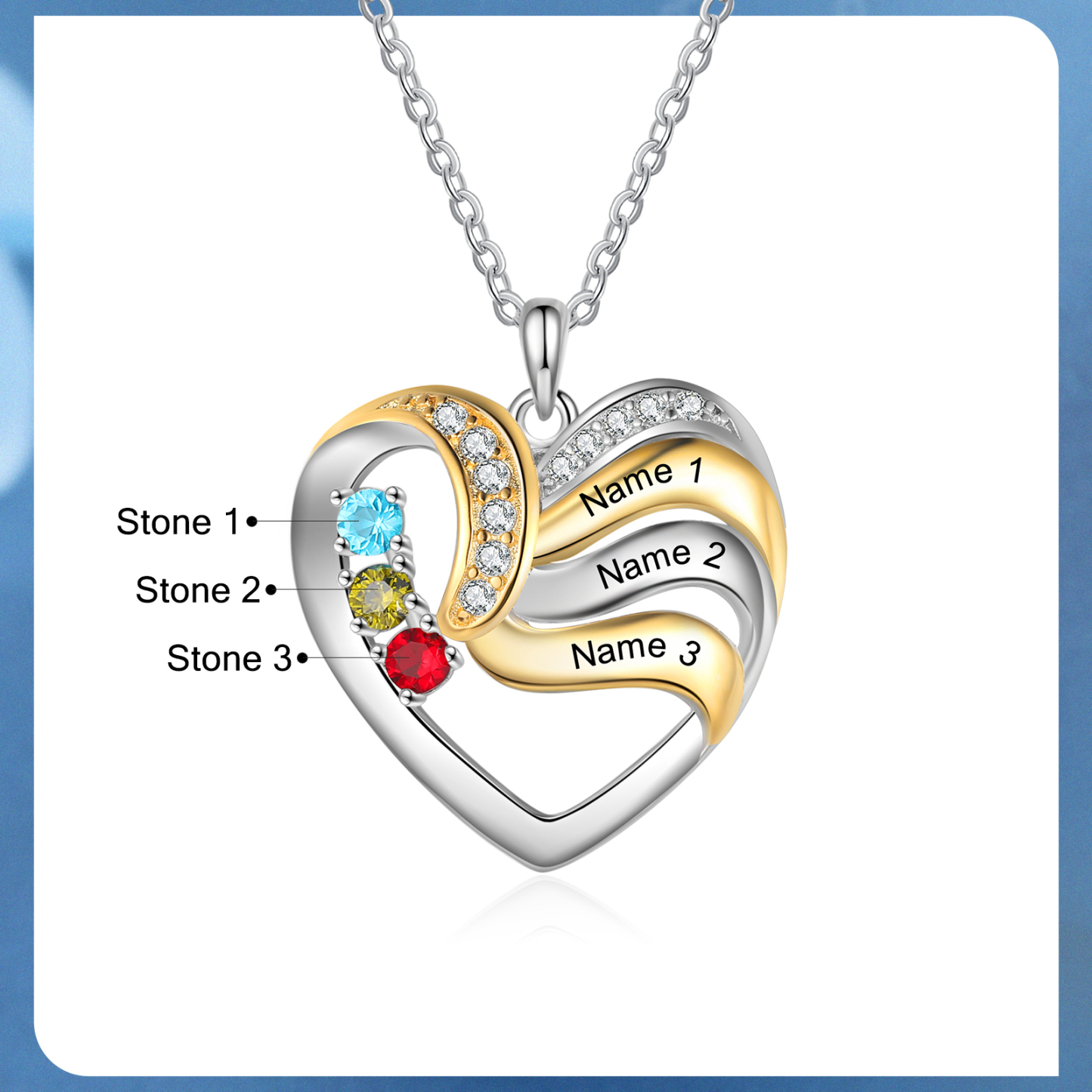 Personalised Heart Necklace with 3 Birthstones Engrave Names Family Necklace for Mom-Jessemade AU