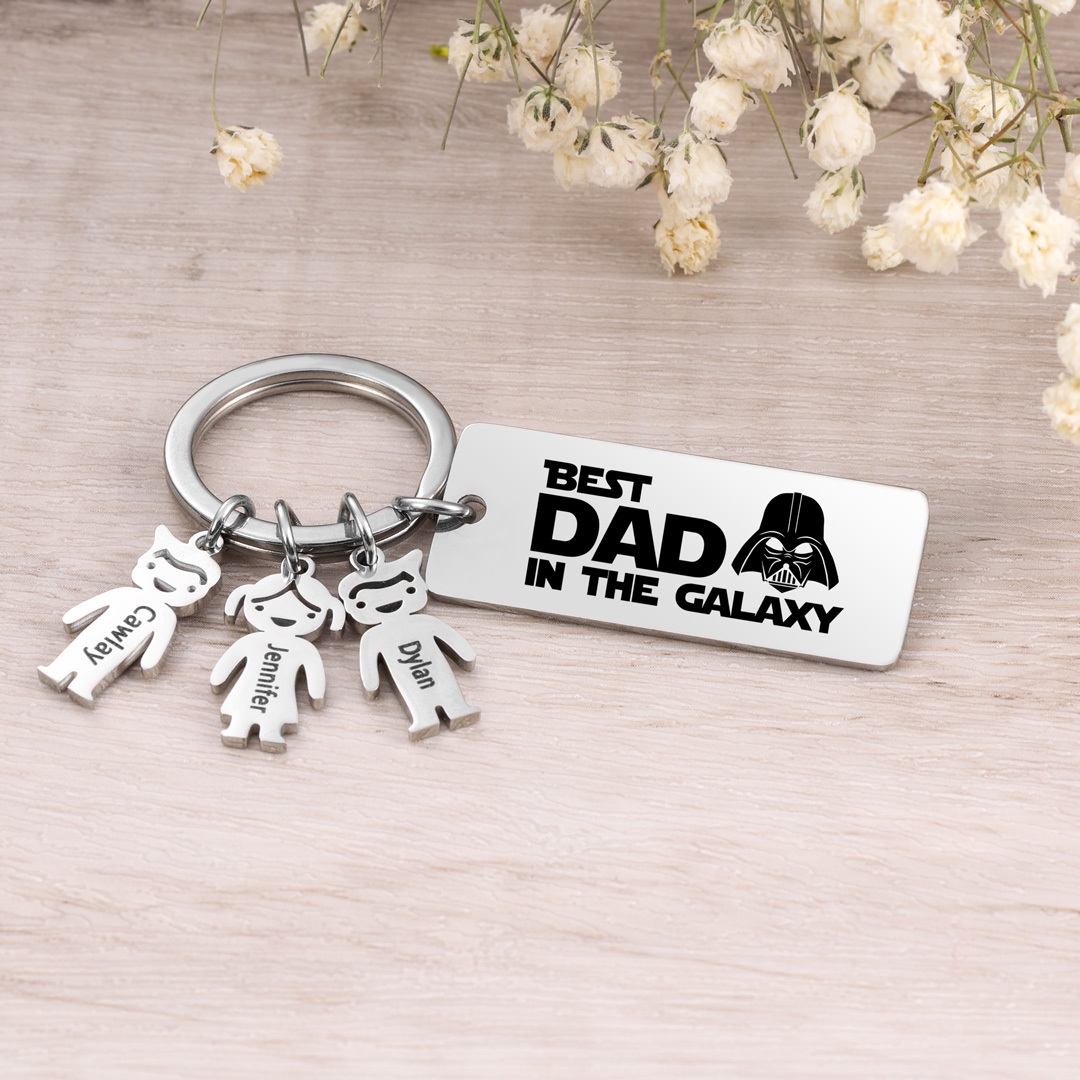 Personalised Best Dad in The Galaxy Keychain with 4 Kid Charms Father's Day Gift-Jessemade AU