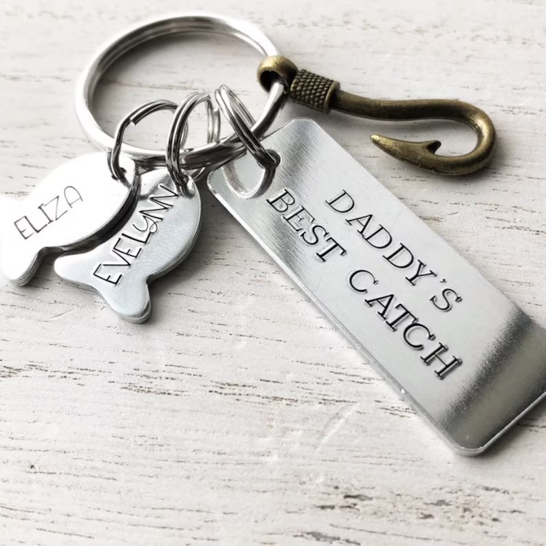 Personalised Fishhook Keychain Custom 2 Names Family Keyring for Him