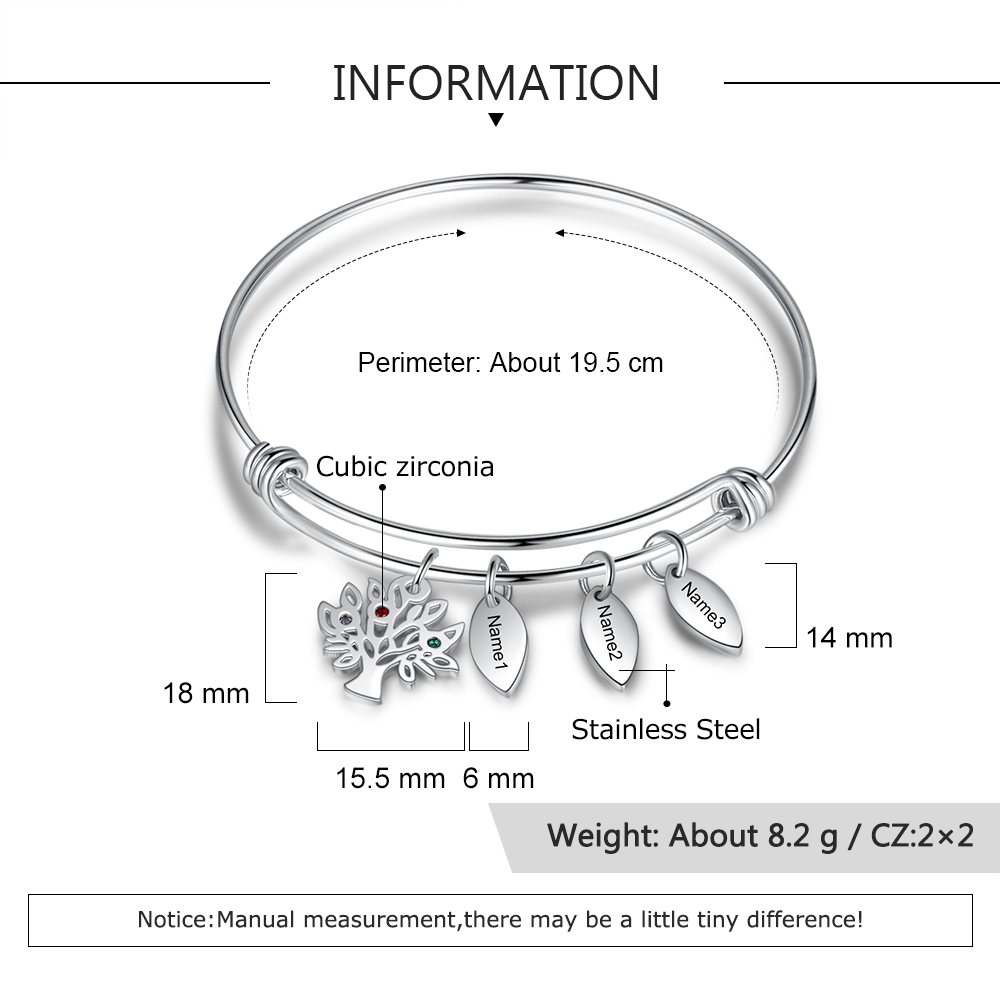 Personalised Family Tree Bracelet with 3 Birthstones Leaf Charms Bangle for Her-Jessemade AU