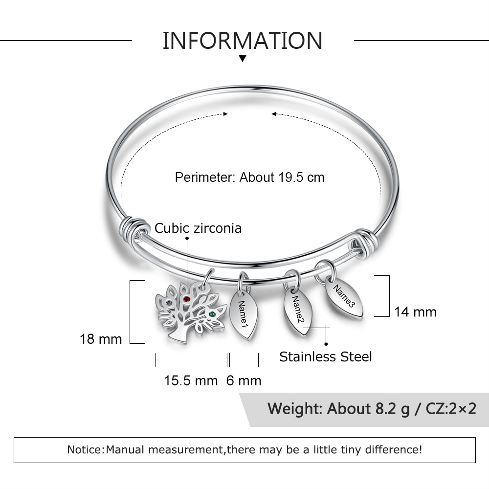 Personalised Family Tree Bracelet with 3 Birthstones Leaf Charms Bangle for Her-Jessemade AU