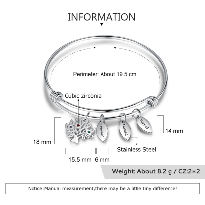 Personalised Family Tree Bracelet with 3 Birthstones Leaf Charms Bangle for Her-Jessemade AU