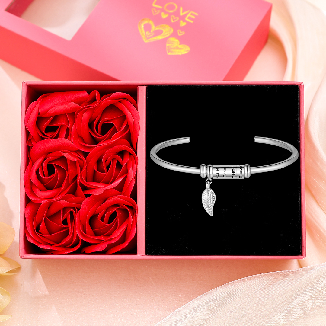 Women Bangle Bracelet with Leaf and Beads Engraved 4 Names Rose Gifts for Mother-Jessemade AU