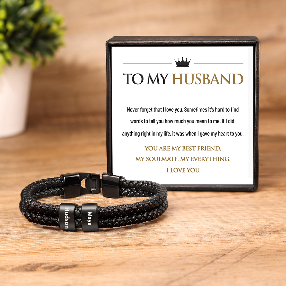 To My Husband Men's Leather Braided Bracelet Engraved 2 Names Bracelet Personalised Gift for Him-Jessemade AU