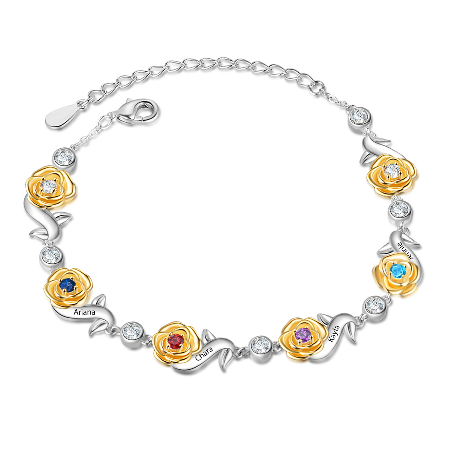 Flowers Bracelet Personalised 4 Birthstones Bracelet Engraved Names Flowers Charm Gifts For Her-Jessemade AU