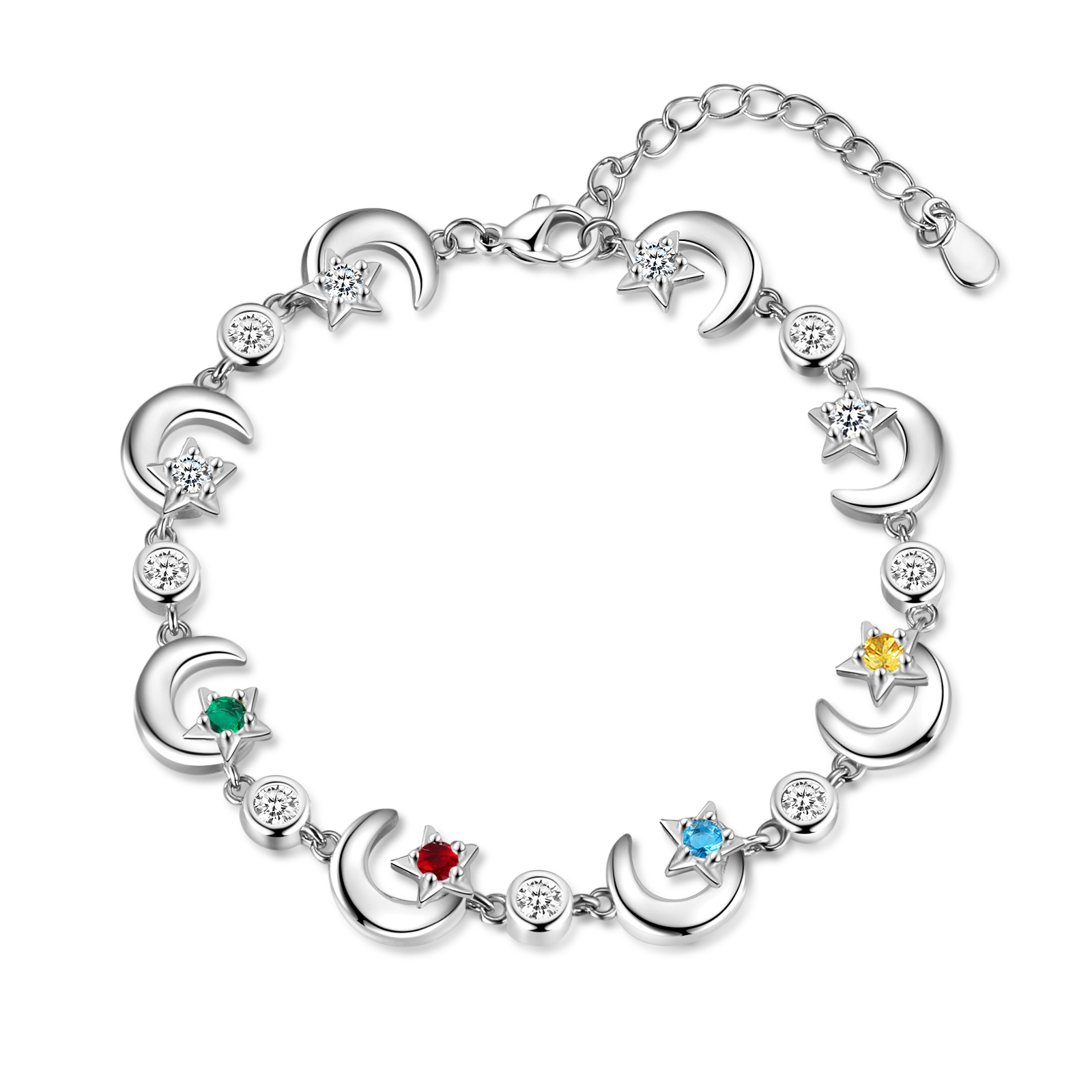 Personalised Moons And Stars Bracelet With 4 Birthstones Custom Names Bracelet Gift For Women-Jessemade AU