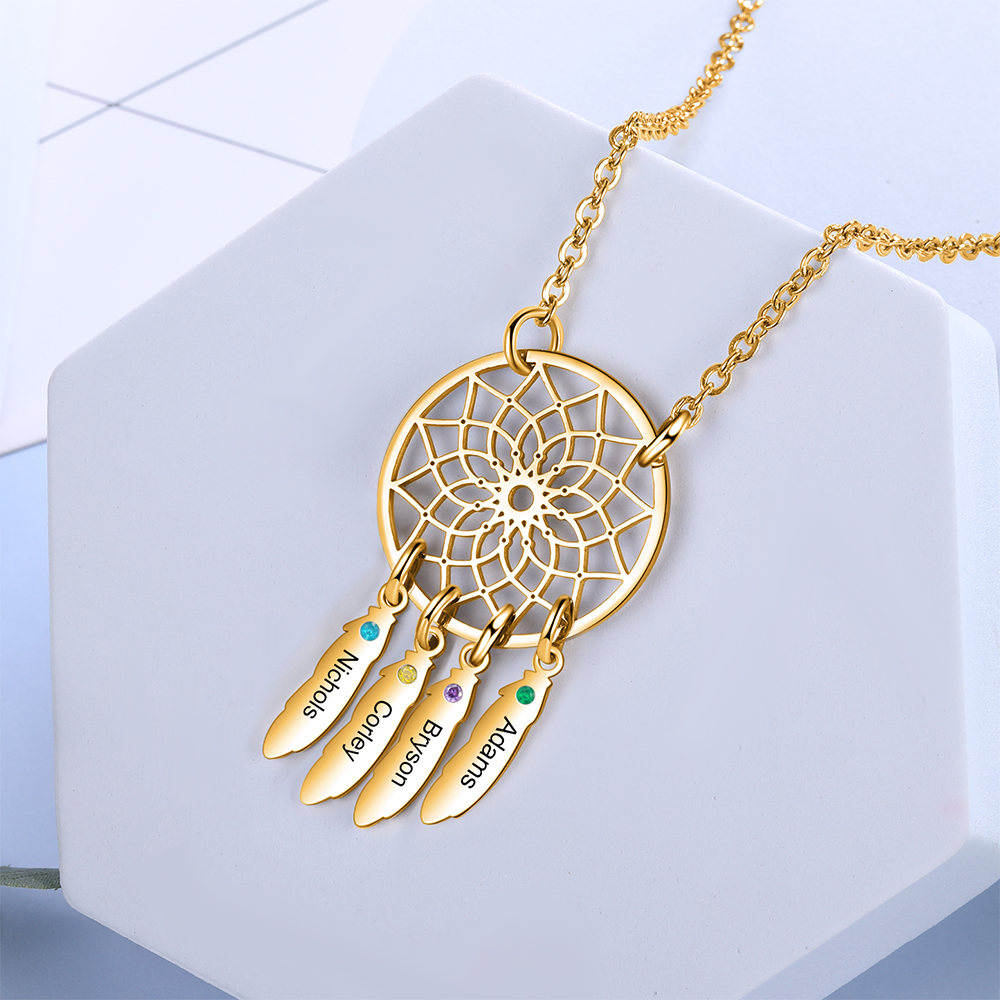 Personalised Dream Catcher Necklace With Birthstone Custom 4 Names Necklace Gift For Mother
