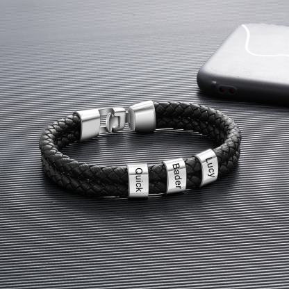 Personalised Braided Leather Bracelet Engraved 3 Names Men's Bracelet for Him-Jessemade AU