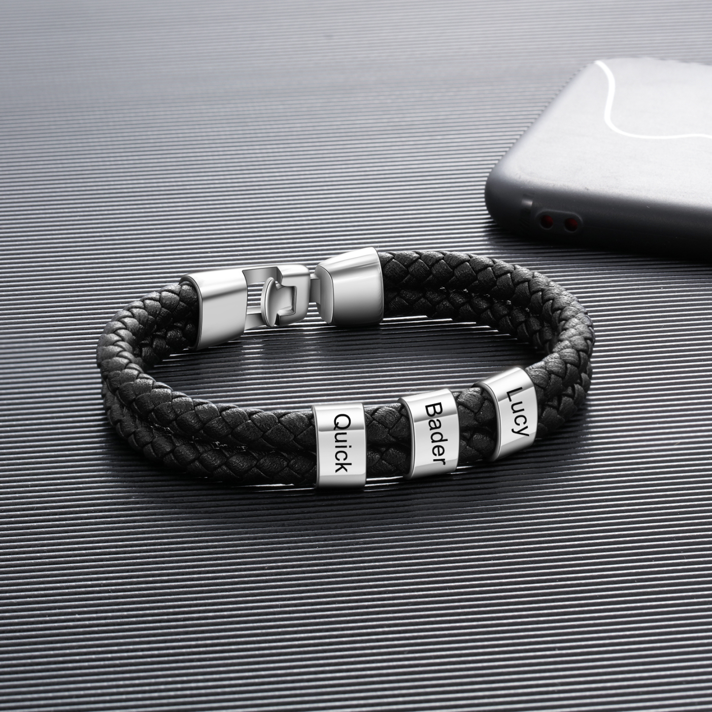 Personalised Braided Leather Bracelet Engraved 3 Names Men's Bracelet for Him-Jessemade AU