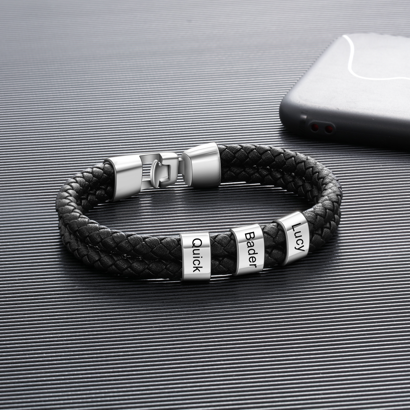 Personalised Braided Leather Bracelet Engraved 3 Names Men's Bracelet for Him-Jessemade AU