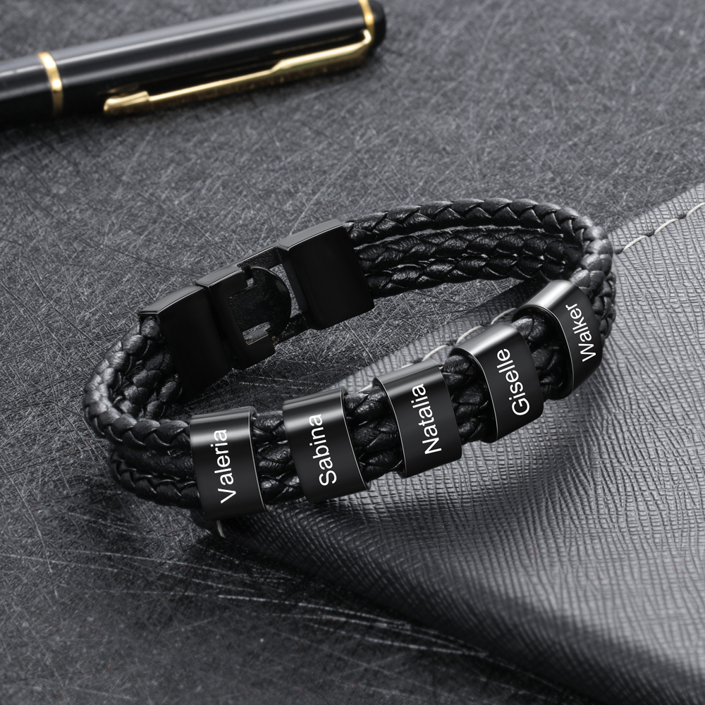 Personalised Braided Leather Bracelet Engraved 6 Names Men's Bracelet Gifts For Him-Jessemade AU