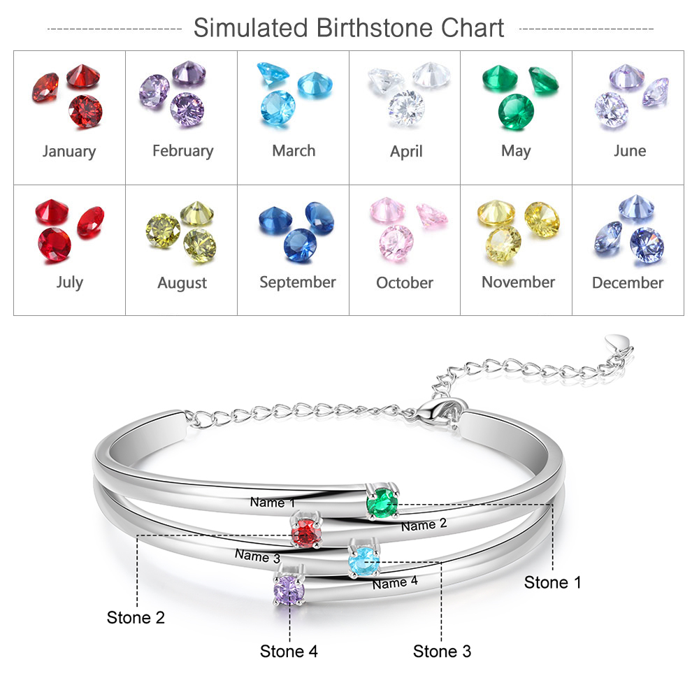 Personalised Bracelet With 4 Birthstones Engraved Names Bracelet Gift For Women-Jessemade AU
