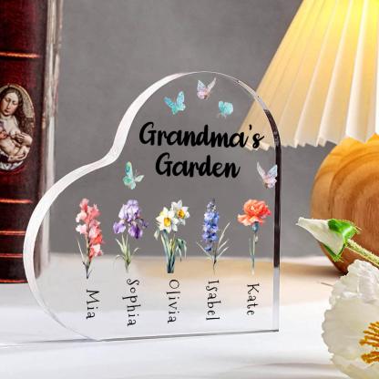 Personalised Acrylic Heart Keepsake Custom 1–6 Names & Birth Flowers Ornaments Gifts for Grandma - Grandma's Garden-Jessemade AU