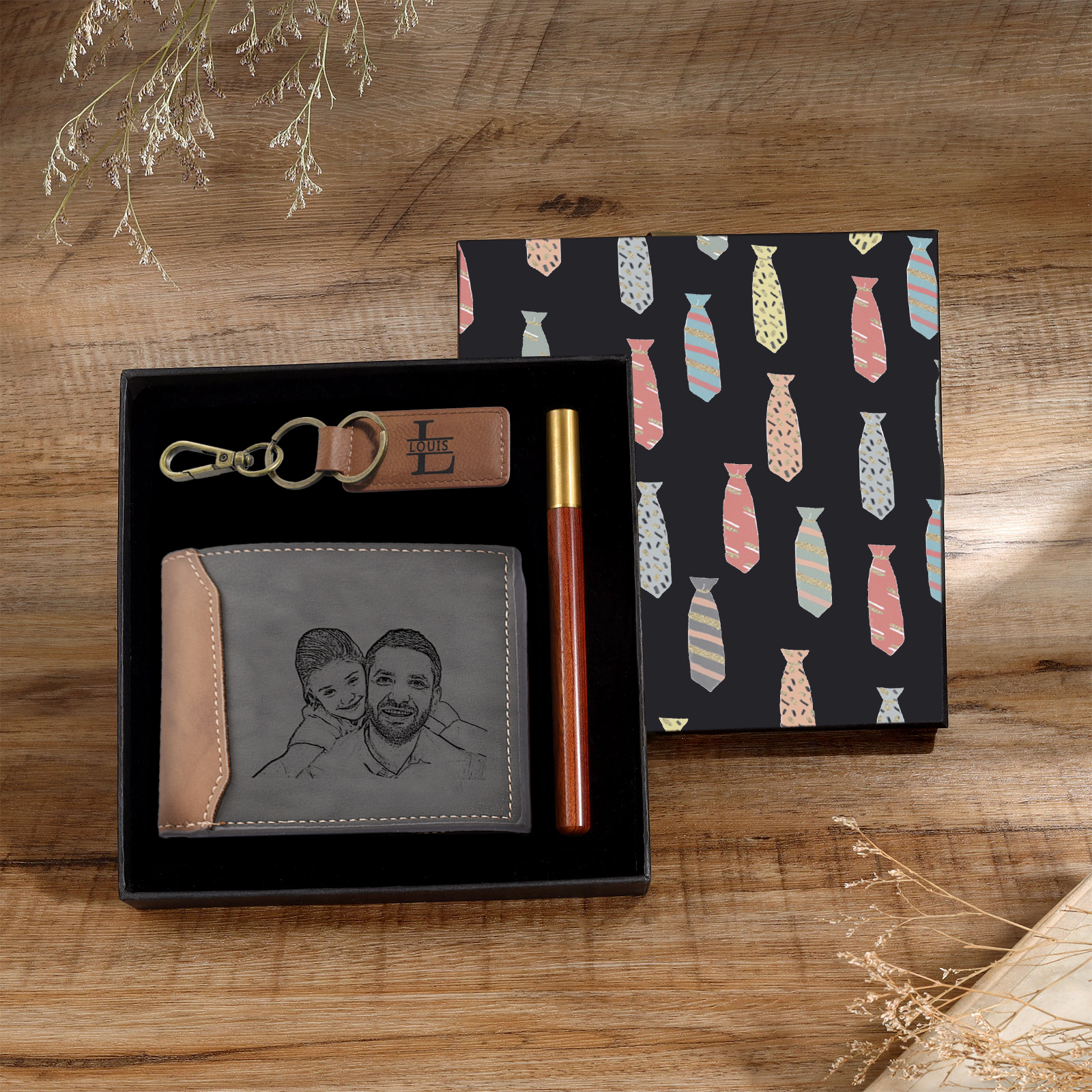 Personalised Photo & Name & Letter & Text & Calendar Gift Set Custom Wallet & Keychain & Pen Gift Box Set Father’s Day Gift for Him-Jessemade AU