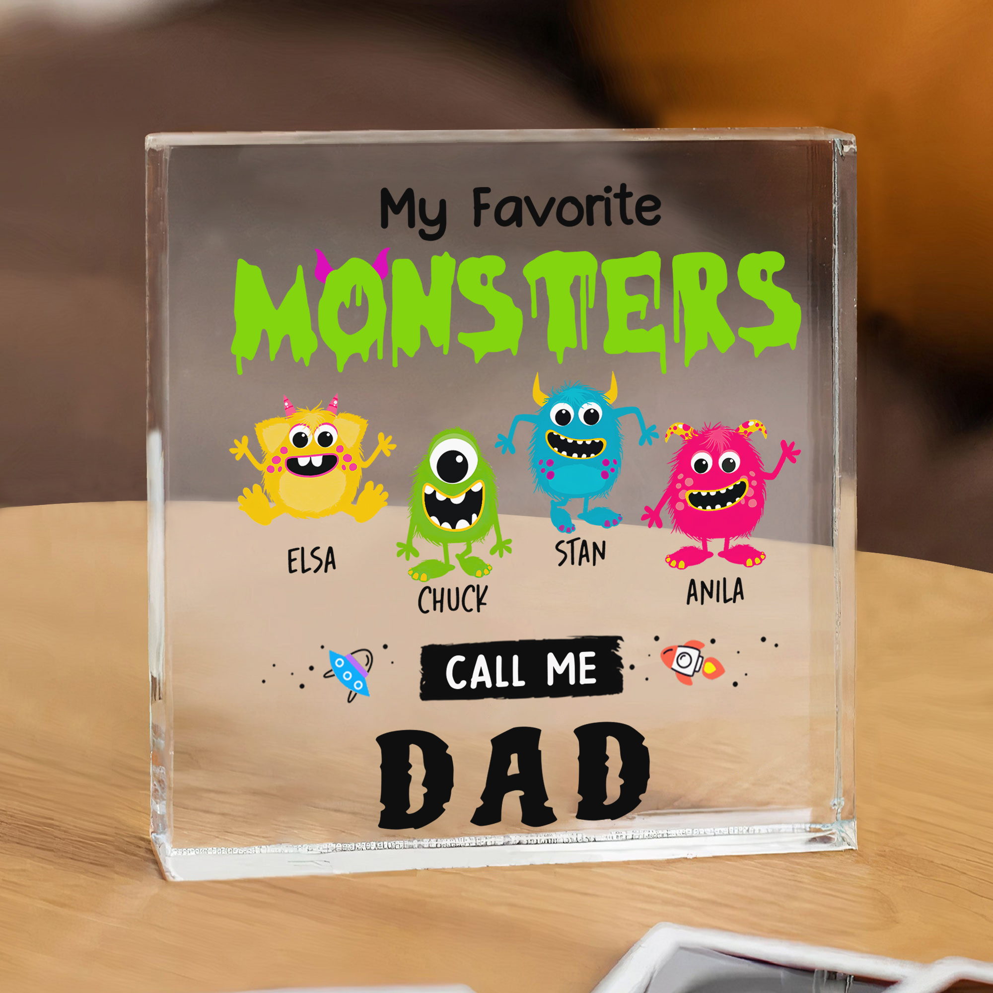 Personalised 4 Names Acrylic Square Keepsake Monster Rectangle Plaque Father's Day Gift - My Favorite Monsters Call Me Dad-Jessemade AU