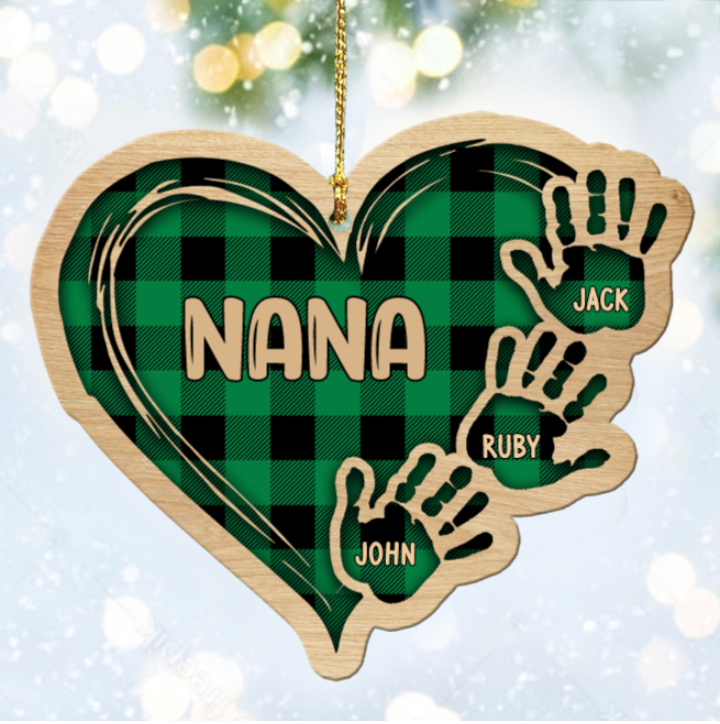 Grandma Mom Heart Hand Print Wood Ornament Custom 3 Names for Family-Jessemade AU