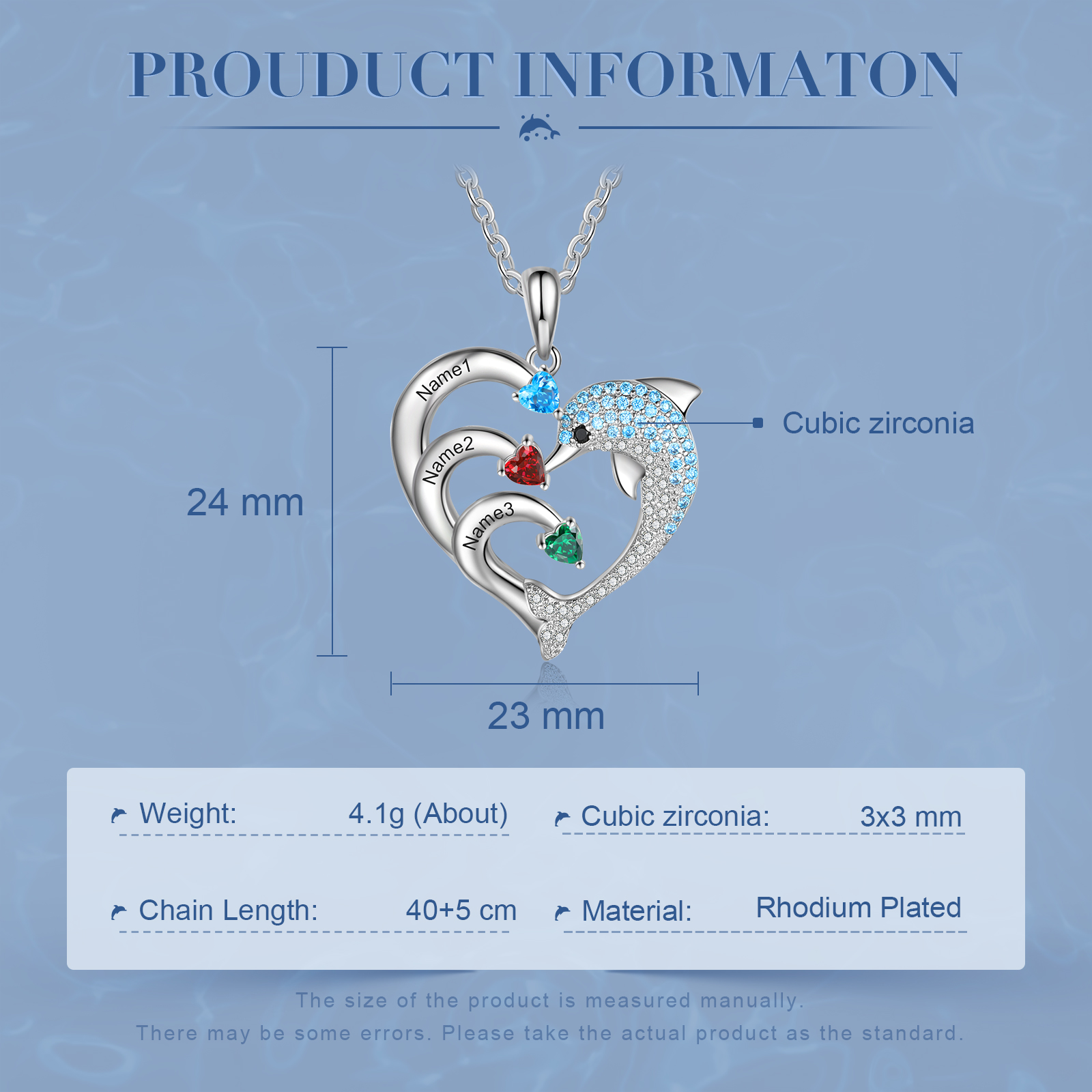 Personalised Heart Dolphin Necklace With 3 Birthstones Engraved Names Gift For Her-Jessemade AU