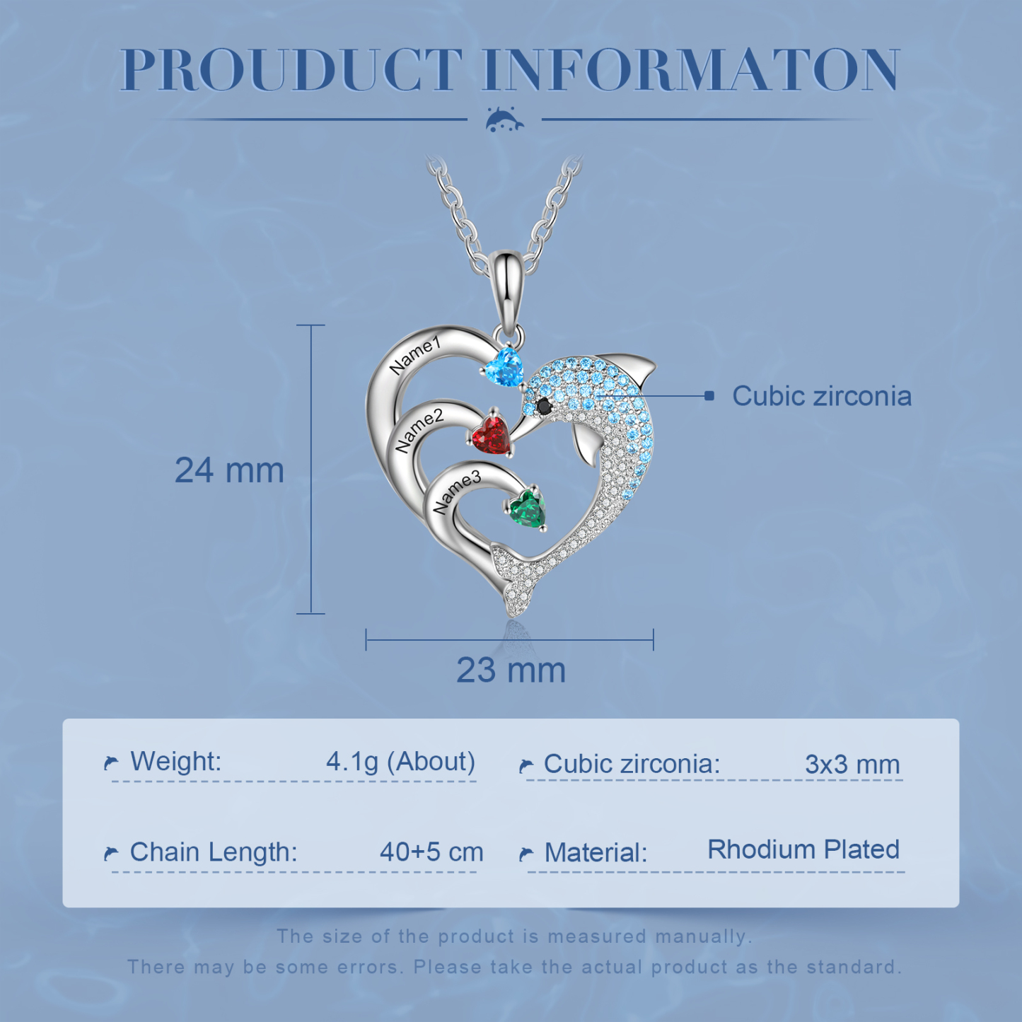 Personalised Heart Dolphin Necklace With 3 Birthstones Engraved Names Gift For Her-Jessemade AU