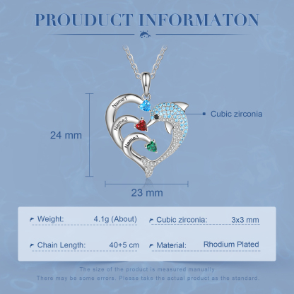 Personalised Heart Dolphin Necklace With 3 Birthstones Engraved Names Gift For Her-Jessemade AU