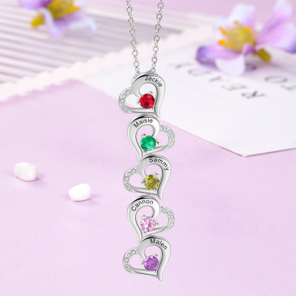 Personalised Heart Necklace With 5 Birthstones Engraved Names Gift For Her-Jessemade AU