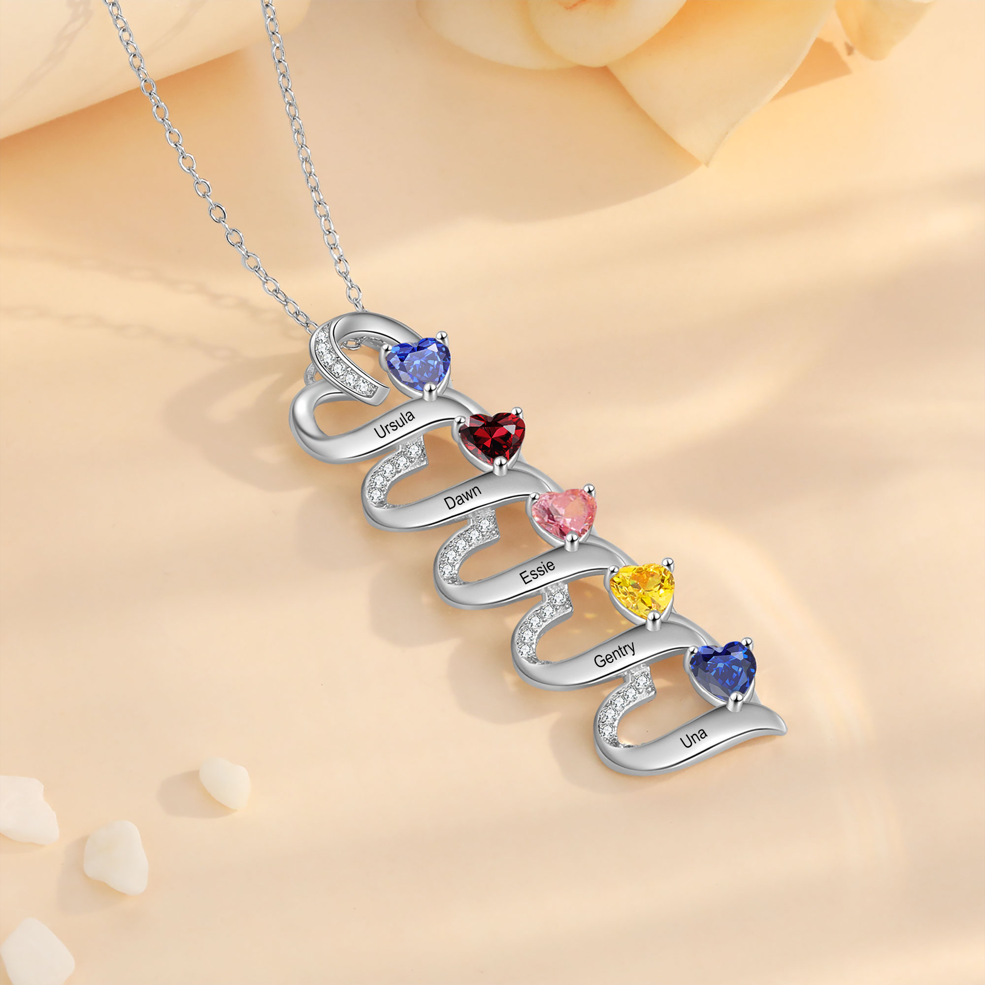 Personalised Heart Pendant Necklace Custom 5 Birthstones & 5 Names Necklace Gifts for Her-Jessemade AU