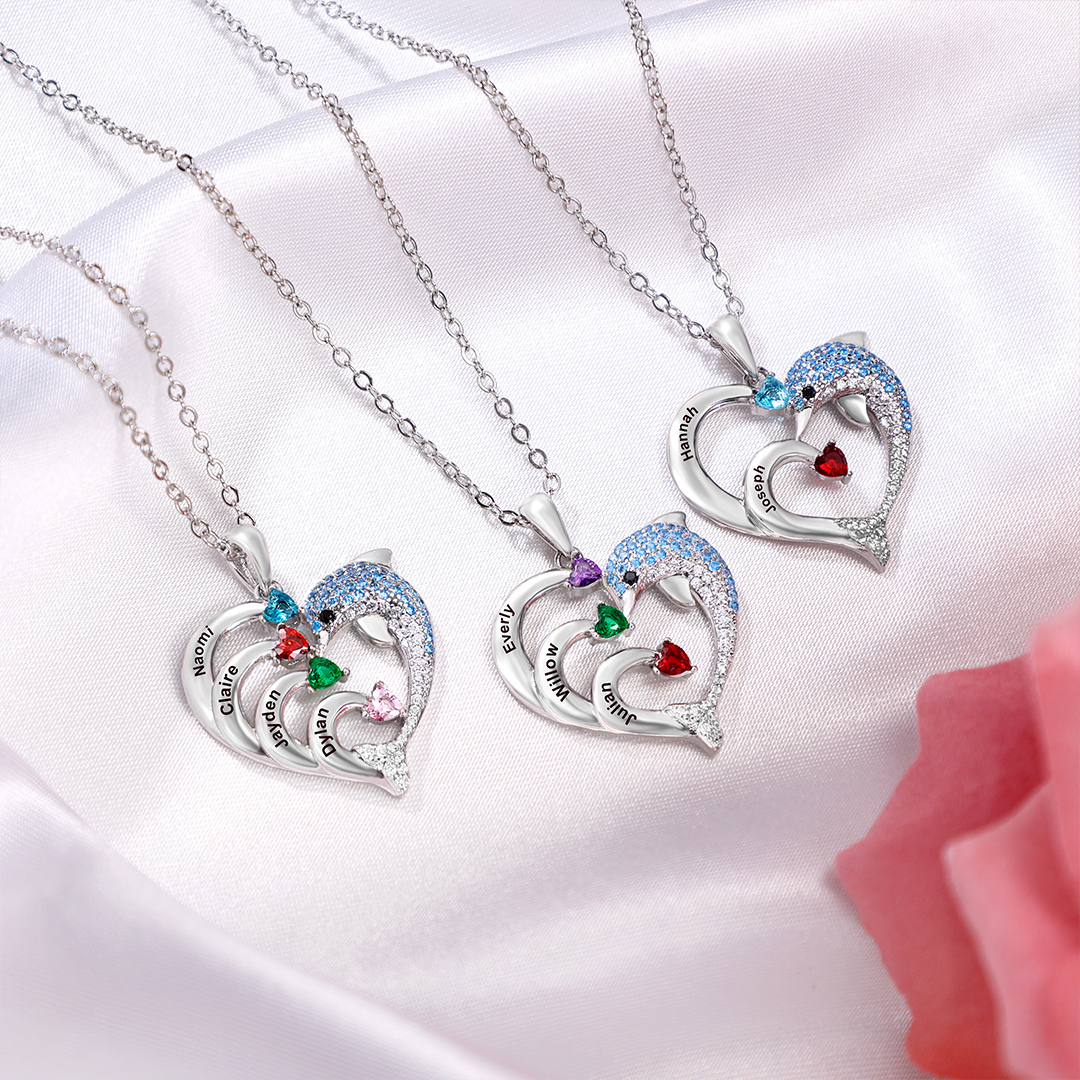 Personalised Heart Dolphin Necklace With 2 Birthstones Engraved Names Gift For Mum-Jessemade AU