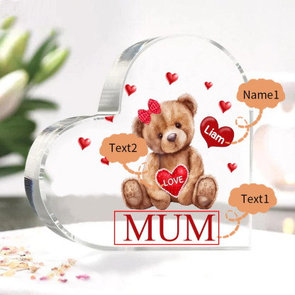 1 Name - Personalised Acrylic Heart Keepsake Custom 2 Texts Teddy Bear Ornaments Gifts for Grandma/Mother-Jessemade AU