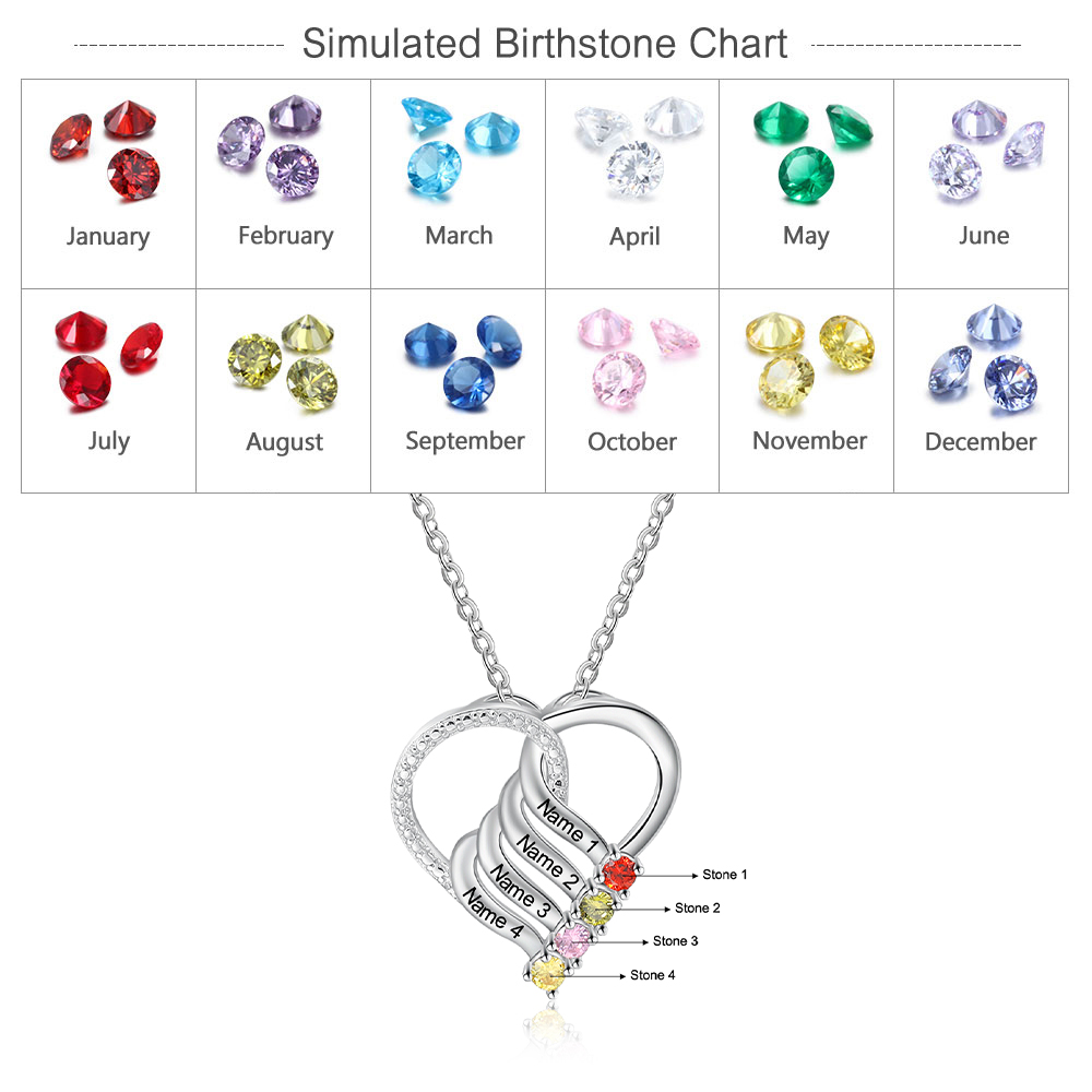 Personalised Heart Necklace With 4 birthstones Engraved Names Gift For Mother-Jessemade AU