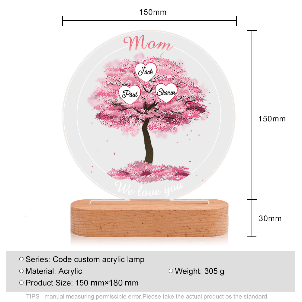 3 Names - Personalised Acrylic Night Light Custom 2 Texts Pink Family Tree LED Lamp Gifts for Mother/Grandma-Jessemade AU