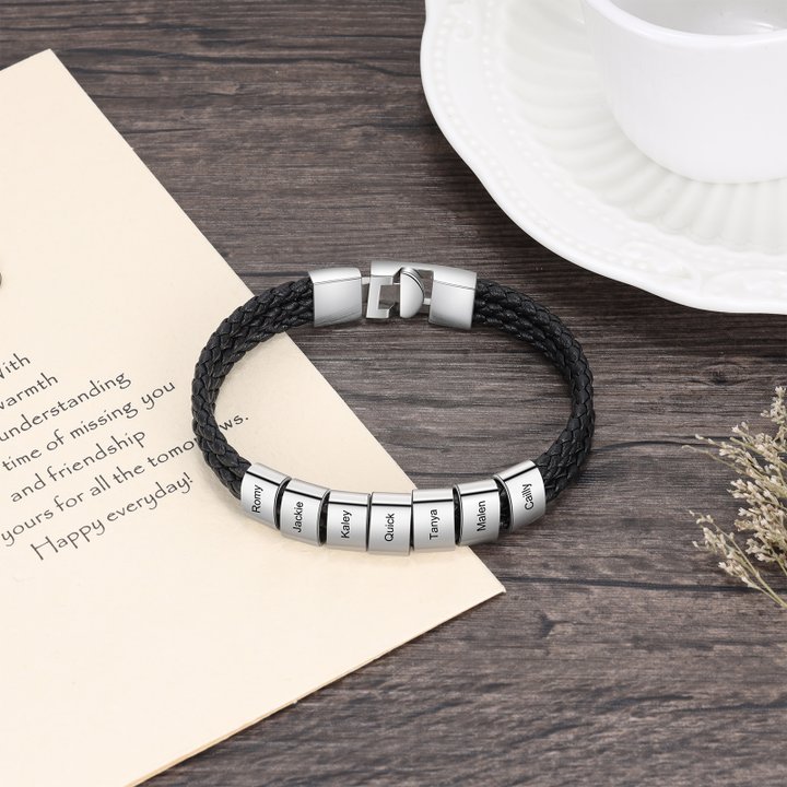 Personalised Braided Leather Bracelet Engraved 7 Names Men's Bracelet Gifts For Him-Jessemade AU