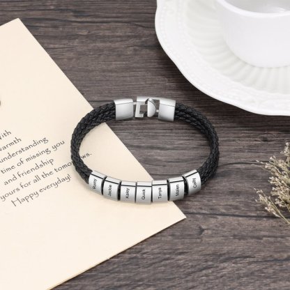 Personalised Braided Leather Bracelet Engraved 7 Names Men's Bracelet Gifts For Him-Jessemade AU