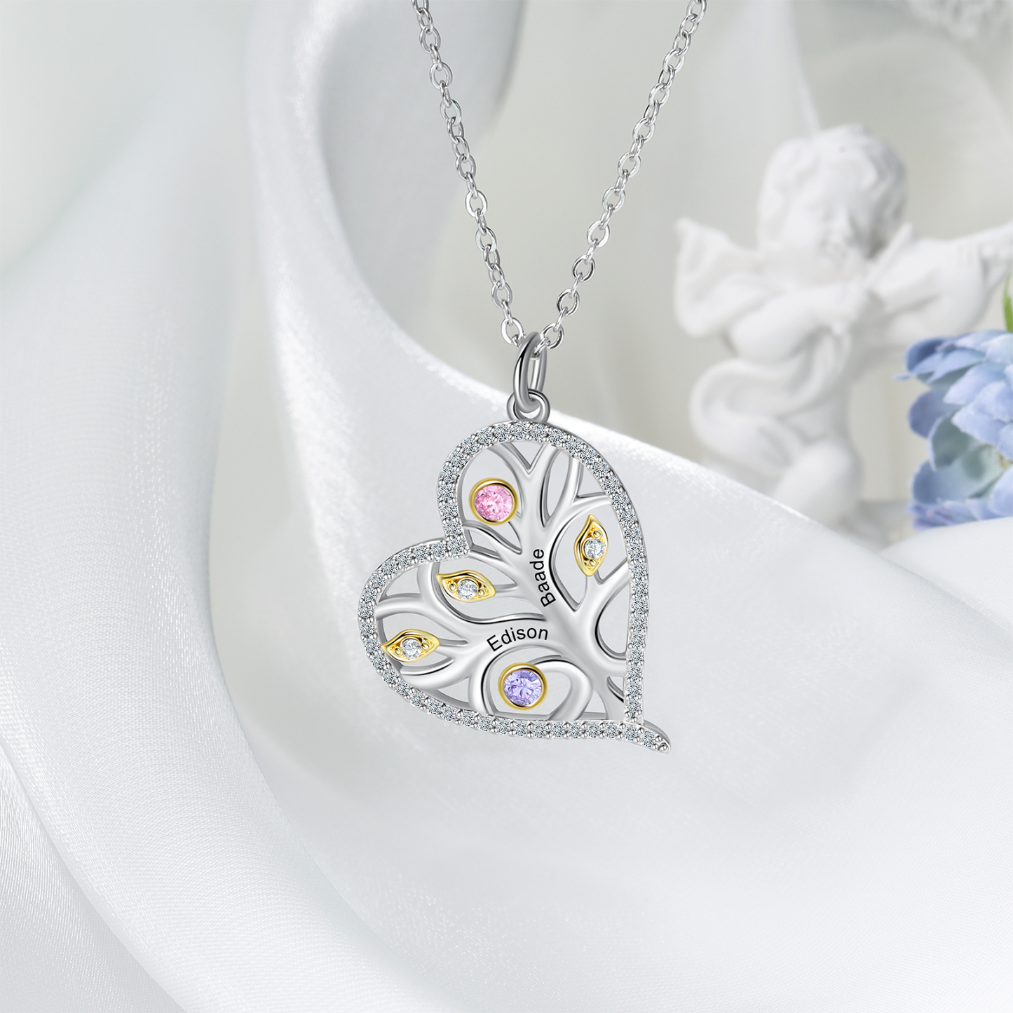 Personalised Family Tree Necklace With 2 Birthstones Custom Names Best Gift For Mother-Jessemade AU