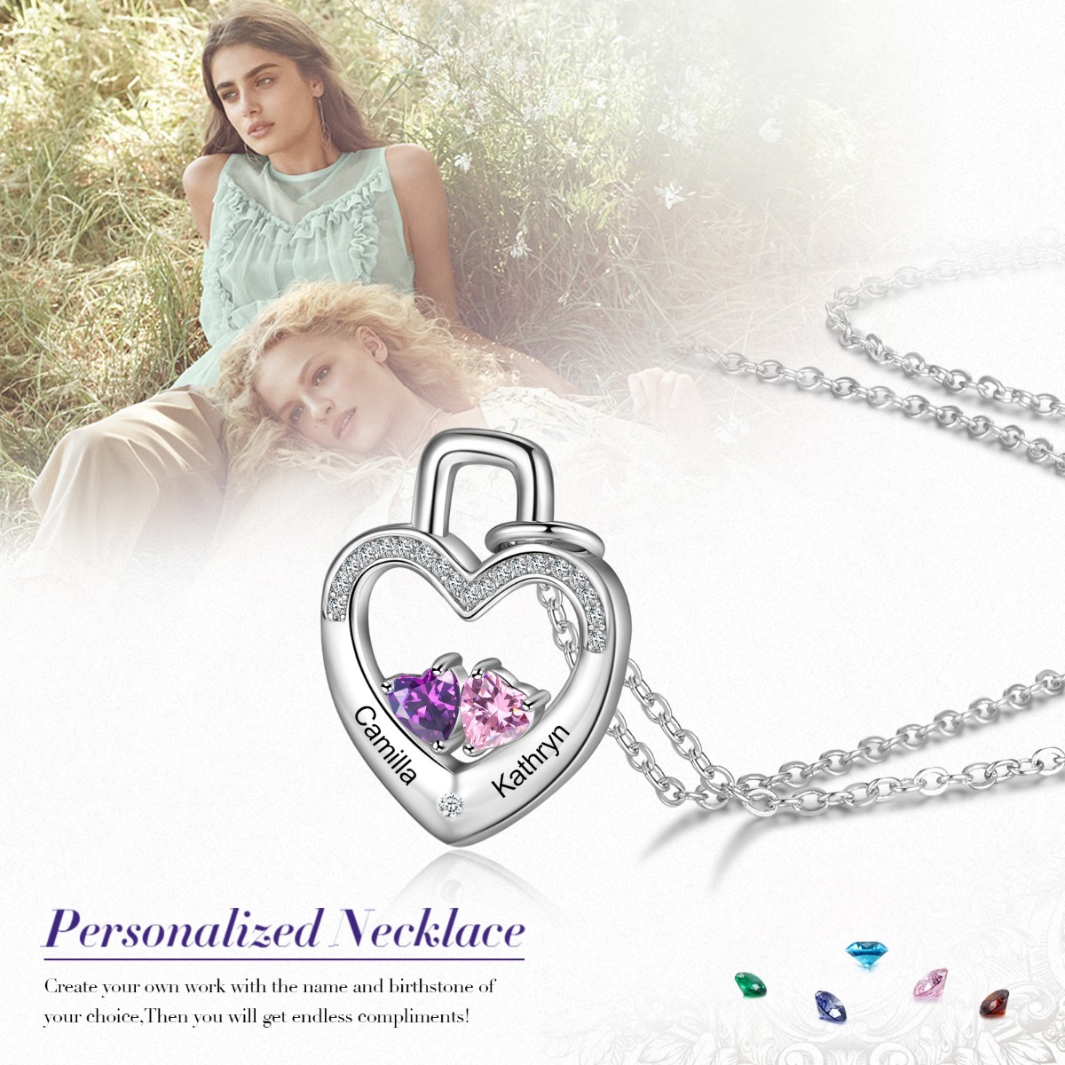 S925 Silver Love Lock Necklace Personalised Heart Necklace with Birthstone for Her-Jessemade AU