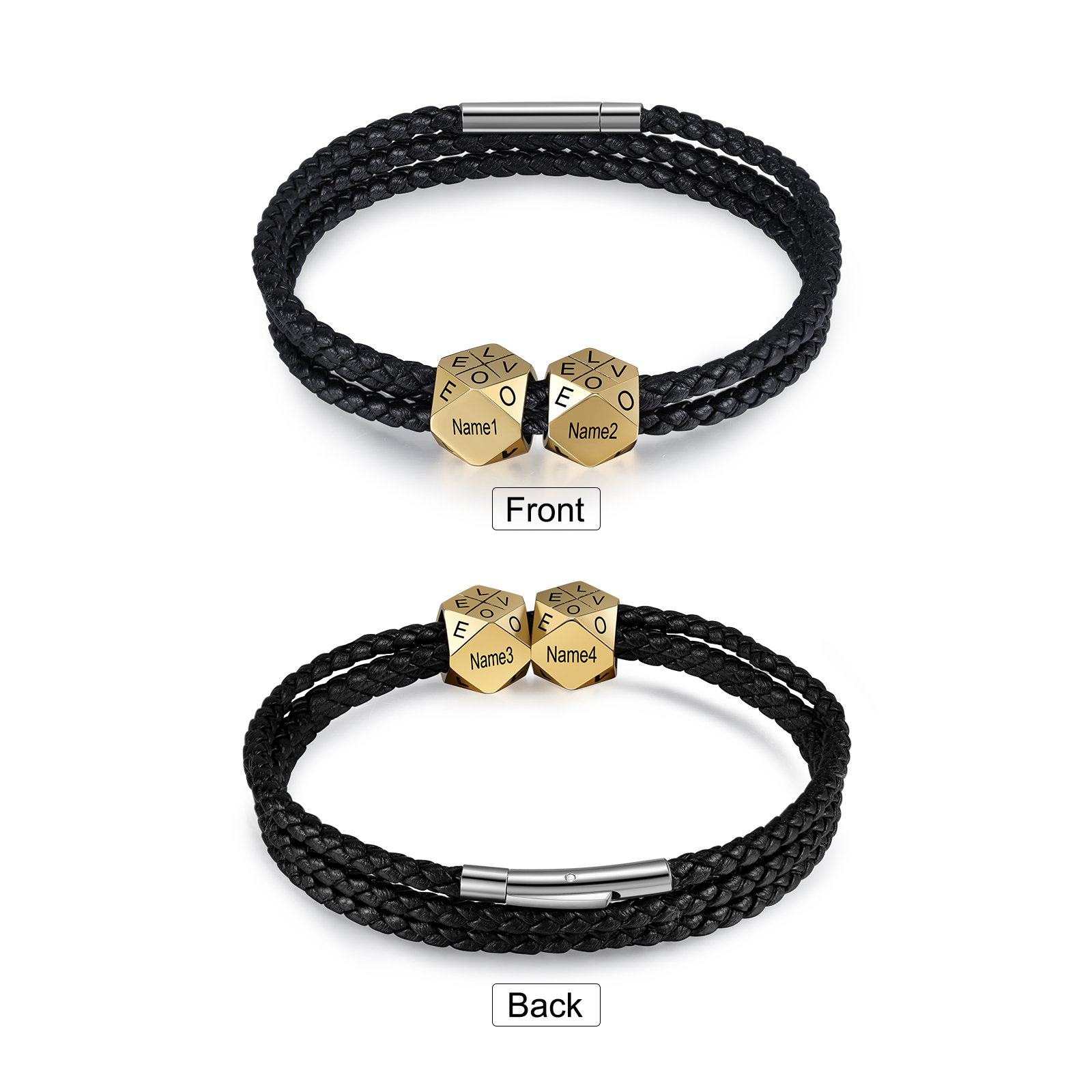 Personalised Braided Leather Bracelet Engraved 4 Names polyhedron Men's Bracelet Gifts For Him-Jessemade AU