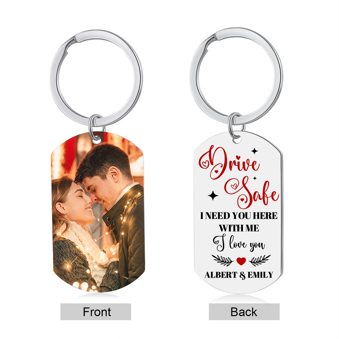 Personalised Couple Photo Keychain Customised 2 Names Keyring Valentine's Day Gifts - Drive Safe, I Need You Here With Me-Jessemade AU