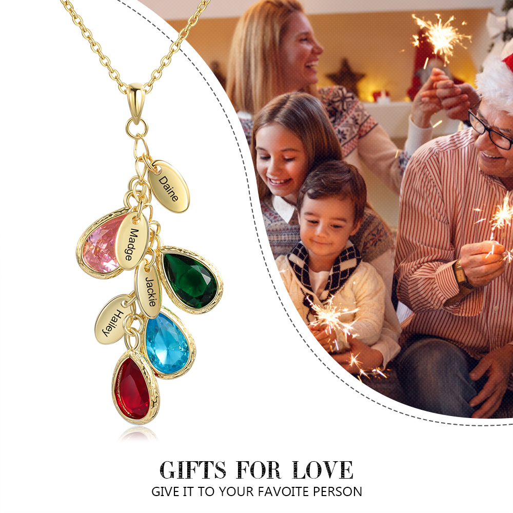 Personalised Leaf Necklace With 4 Heart Birthstones Engraved Names Gift For Her-Jessemade AU