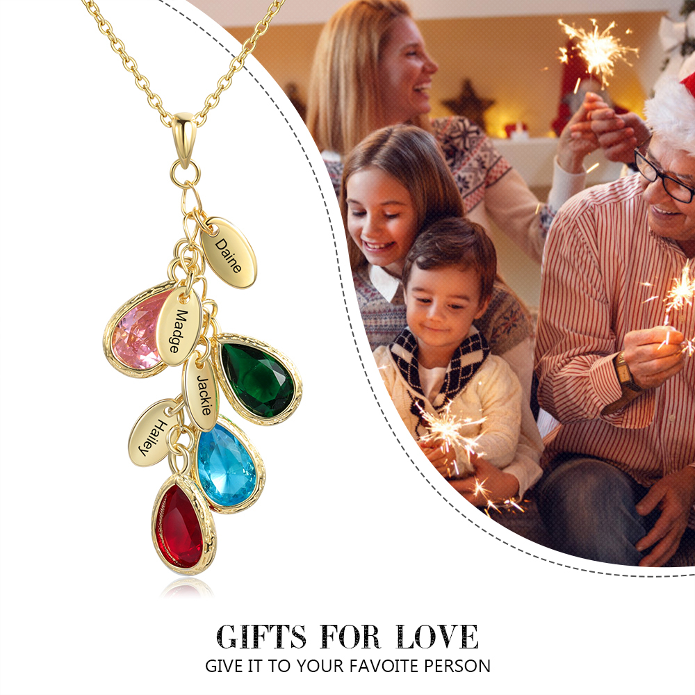 Personalised Leaf Necklace With 4 Heart Birthstones Engraved Names Gift For Her-Jessemade AU