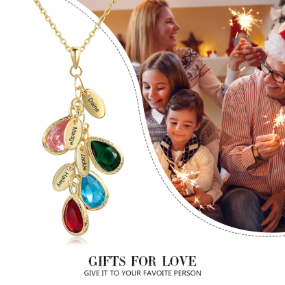 Personalised Leaf Necklace With 4 Heart Birthstones Engraved Names Gift For Her-Jessemade AU