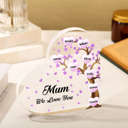 8 Names - Personalised Acrylic Heart Keepsake Custom Text Purple Flowers Tree Ornaments Gifts for Grandma/Mother-Jessemade AU