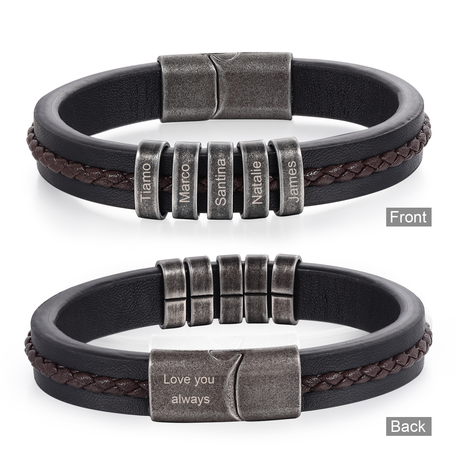 5 Names - Personalised Men's Leather Bracelet Custom Text Beaded Bracelets Vintage Gift for Him