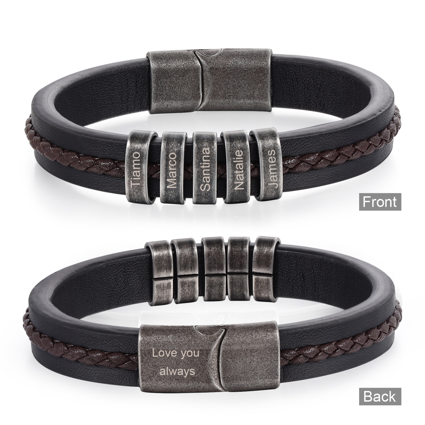 5 Names - Personalised Men's Leather Bracelet Custom Text Beaded Bracelets Vintage Gift for Him