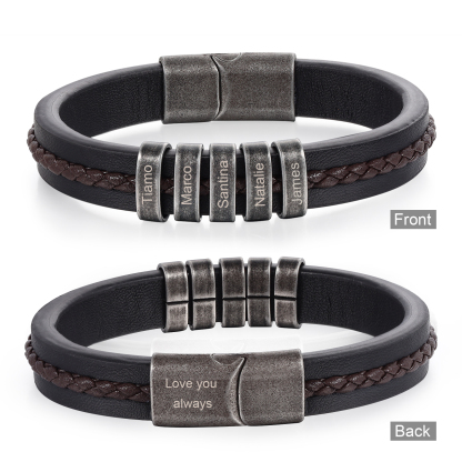 5 Names - Personalised Men's Leather Bracelet Custom Text Beaded Bracelets Vintage Gift for Him