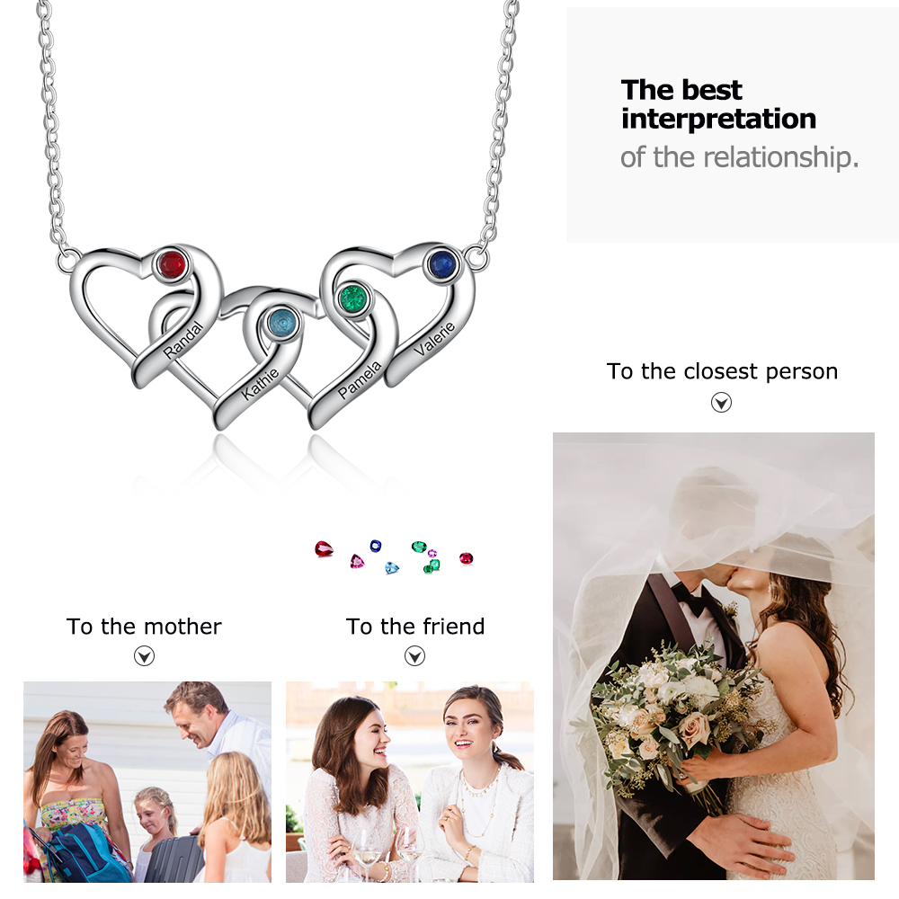 Personalised Heart Necklace With 4 Birthstones Engraved Names Gift For Her-Jessemade AU
